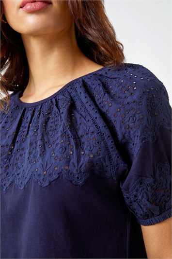 Blue Cotton Broderie Puff Sleeve Top