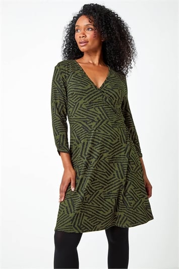 Brown Petite Mock Wrap Abstract Stretch Dress