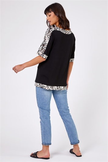 Black Abstract Print Contrast Jeresey Top, Image 3 of 4