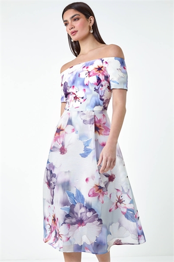 Grey Floral Print Premium Stretch Bardot Dress