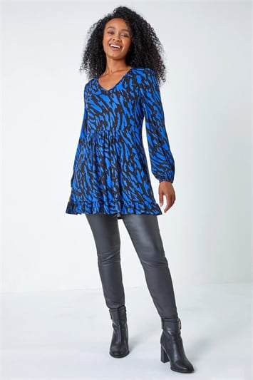 Blue Petite Abstract Frill Hem Stretch Top