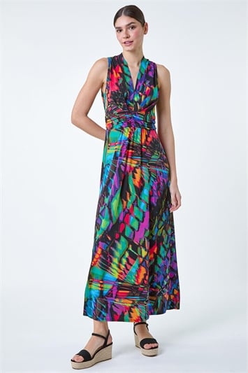 Multi Tropical Print Ruched Maxi Dress