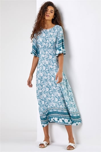 Light Blue Floral Border Print Midi Dress, Image 1 of 5