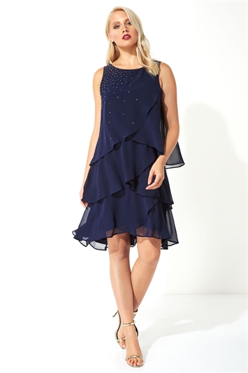 Midnight Blue Embellished Frill Swing Dress, Image 4 of 5