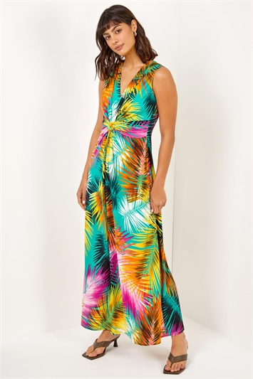 Yellow Floral Jersey Stretch Twist Ruched Maxi Dress