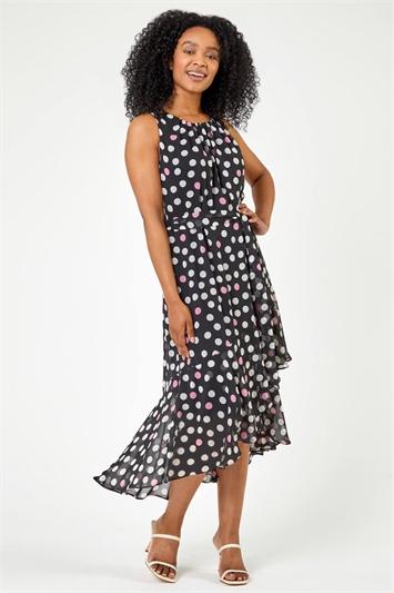 Black Petite Spot Print Frill Trim Dress, Image 3 of 5