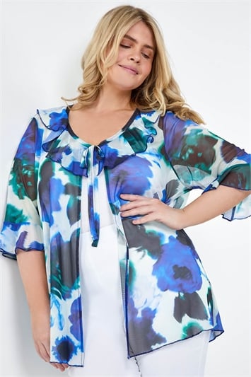 Blue Curve Tie Front Printed Mesh Top