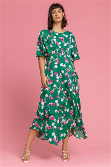 Green Floral Print Chiffon Midi Dress