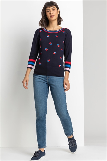 Navy Heart Embroidered Stripe Print Jumper, Image 3 of 4