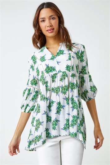 Green Floral Print V-Neck Tunic Smock Top