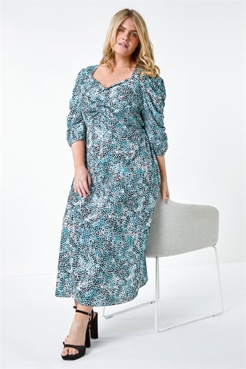 Blue Curve Abstract Spot Ruched Midi Dress