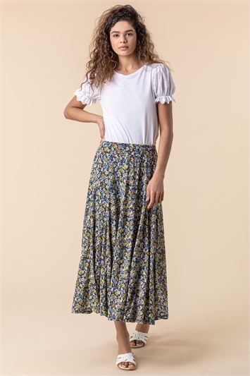 Blue Ditsy Floral Burnout Midi Skirt, Image 3 of 4