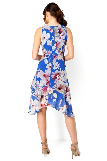 Royal Blue Floral Chiffon Hanky Hem Ruffle Dress, Image 3 of 5