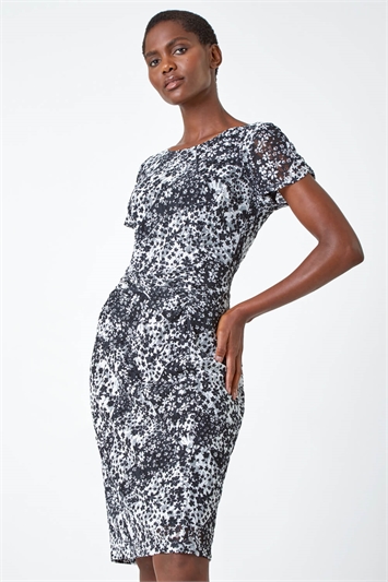 Multi Floral Print Lace Stretch Ruched Dress