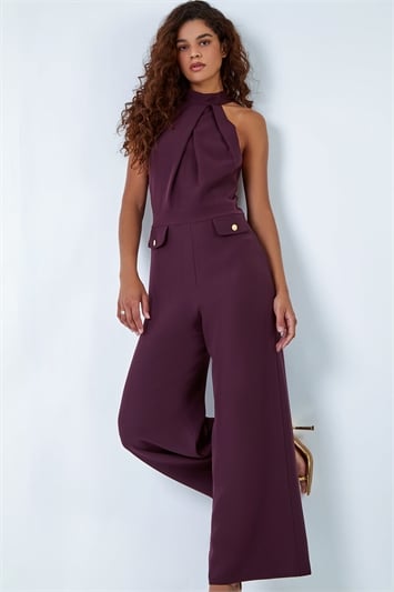 Red Pleated Halter Neck Wide Leg Stretch Jumpsuit