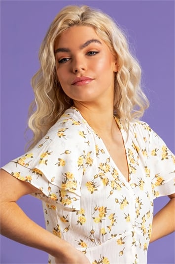 YELLOW Floral Print V-Neck Blouse, Image 1 of 5