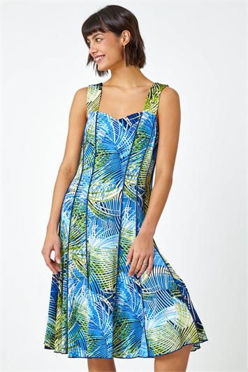 Green Tropical Palm Print Stretch Panel Dress