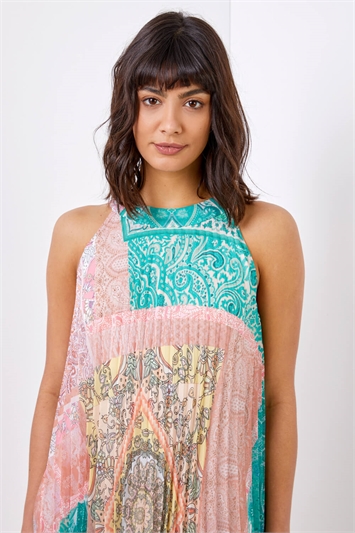 Light Pink High Neck Paisley Pleated Swing Dress, Image 2 of 5