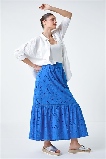 Blue Cotton Broderie Pocket A Line Midi Skirt
