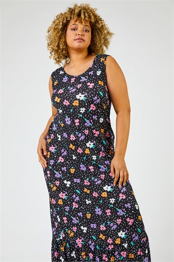 Black Curve Floral Spot Print Tiered Maxi Dress
