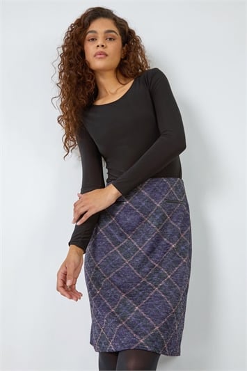 Purple Check Print Pocket Stretch Skirt