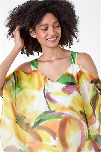 Yellow Abstract Print Cold Shoulder Overlay Top