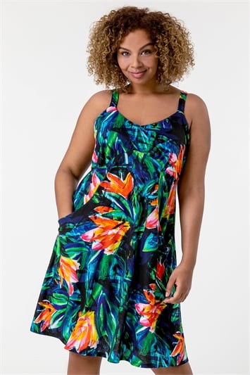 Orange Curve Tropical Print Strappy Dress