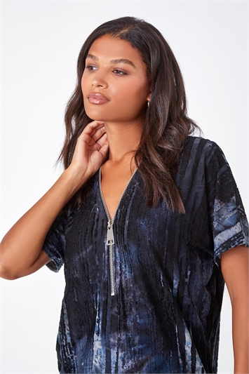 Blue Abstract Print Zip Front Stretch T-Shirt