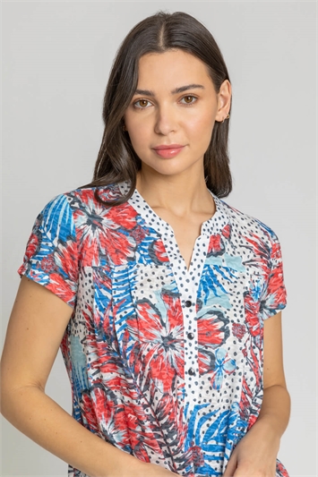 Red Tropical Contrast Print Tie Top, Image 4 of 4