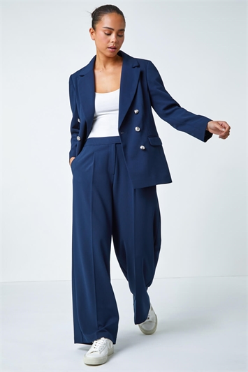 Blue Petite Button Fastened Wide Leg Trousers