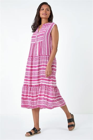 Pink Aztec Print Tiered Midi Smock Dress