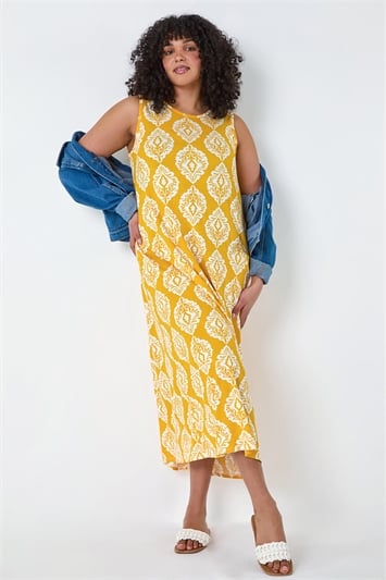 Yellow Curve Aztec Print Stretch Maxi Dress