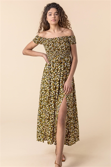 Multi Shirred Ditsy Floral Print Bardot Dress, Image 3 of 5