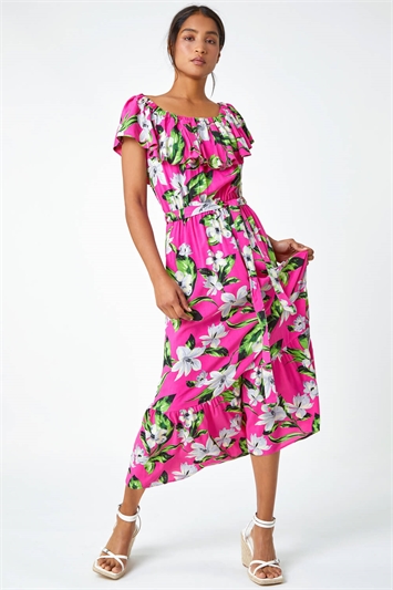 Pink Tropical Bardot Stretch Midi Dress