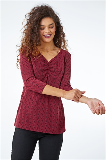 Red Textured Ruched Detail Jersey Top