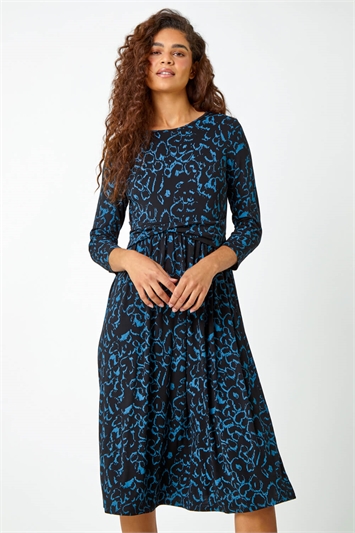 Blue Twist Waist Animal Print Stretch Dress