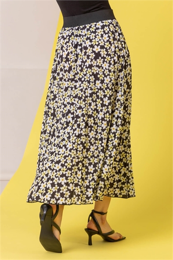 Black Daisy Floral Print Pleated Skirt, Image 3 of 4