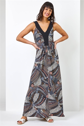 Natural Geo Print Contrast Band Maxi Dress, Image 3 of 5