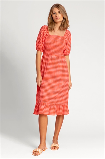Red Check Print Puff Sleeve Midi Dress, Image 3 of 4