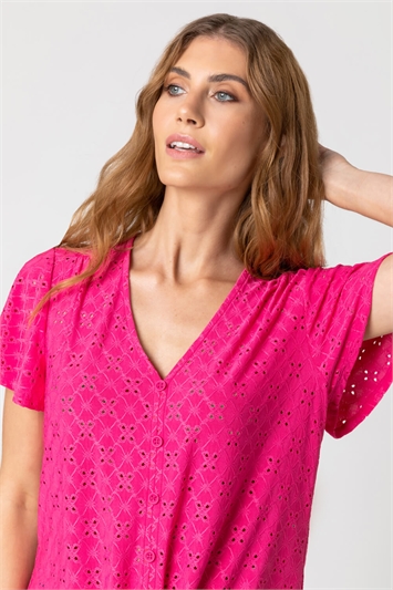 Fuchsia Broderie Stretch Jersey Tie Front Top, Image 4 of 4