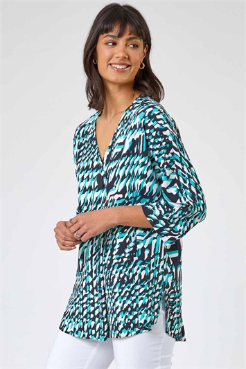 Mint Abstract Print Button Detail Top
