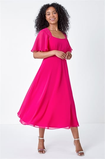Pink Petite Shimmer Pleated Chiffon Midi Dress
