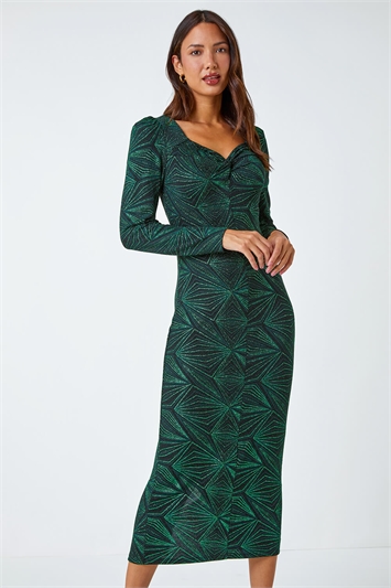 Green Geometric Glitter Print Midi Stretch Dress