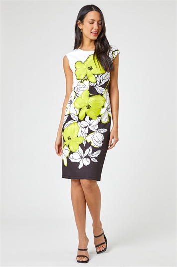 Lime Floral Placement Print Stretch Dress, Image 1 of 4