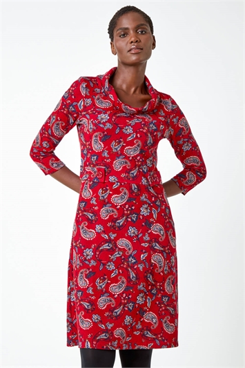 Red Paisley Print Cowl Neck Dress