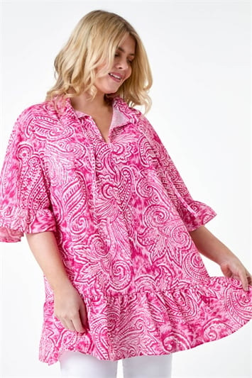 Pink Curve Paisley Frill Tie Detail Top