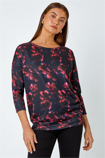 Red Floral Stretch Blouson Top