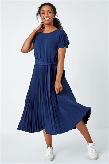 Blue Petite Plain Pleated Skirt Midi Dress