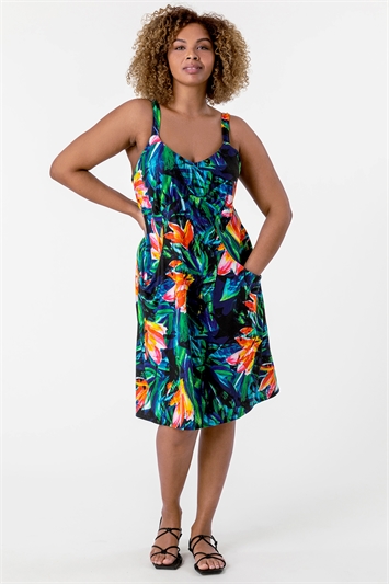 Orange Curve Tropical Print Strappy Dress, Image 3 of 5