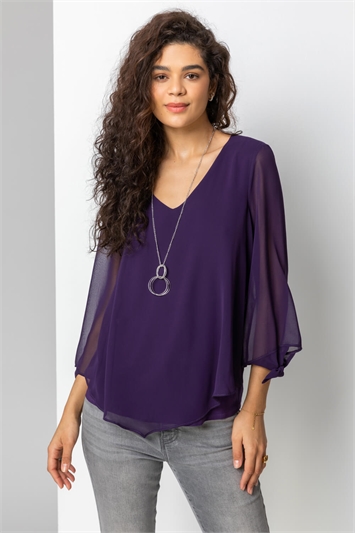 Purple Necklace Trim Jersey 3/4 Sleeve Chiffon Top